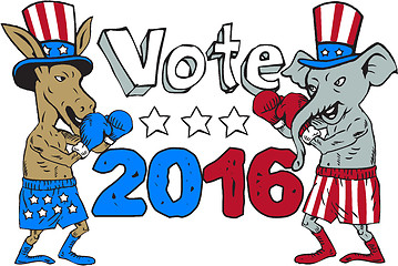 Image showing Vote 2016 Donkey Boxer and Elephant Mascot Cartoon