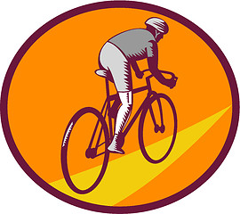 Image showing Cyclist Riding Bicycle Cycling Oval Woodcut