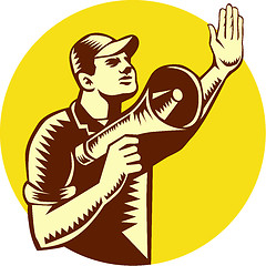 Image showing Worker Holding Megaphone Circle Woodcut