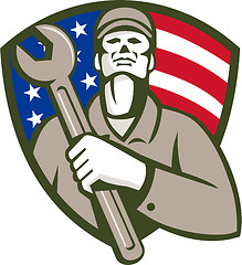 Image showing Mechanic Holding Wrench USA Flag Shield Retro