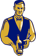 Image showing Waiter Presenting Wine Bottle Woodcut