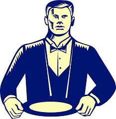 Image showing Waiter Cravat Serving Plate Woodcut