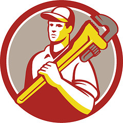 Image showing Plumber Holding Monkey Wrench Circle Retro