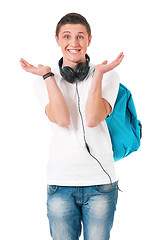 Image showing Boy student with backpack and headphones