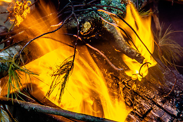 Image showing camp fire flames burning at night after hike