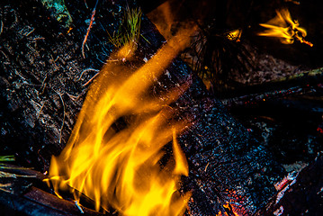 Image showing camp fire flames burning at night after hike