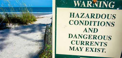 Image showing hazardous rip currents warning sign on hunting island nc