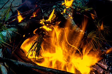 Image showing camp fire flames burning at night after hike