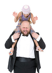 Image showing Little Girl Sitting on Shoulders Man Have Fun