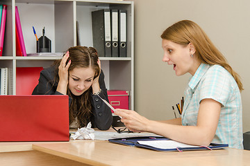 Image showing Dissatisfied customers with wonder and cry reading the document at the office