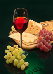 Image showing Glass Of Wine, Cheese And Grape