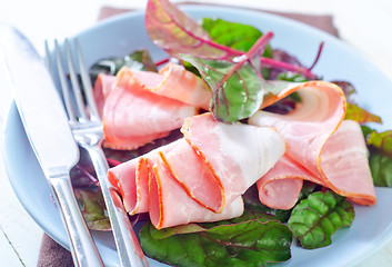 Image showing smoked bacon with mangold on plate