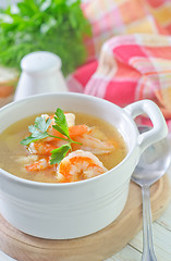 Image showing fresh soup with chicken and shrimps