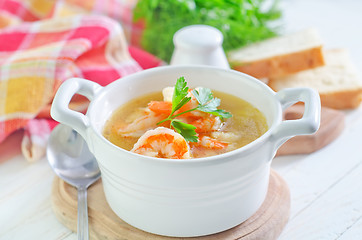 Image showing fresh soup with chicken and shrimps