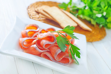 Image showing salmon and toasts