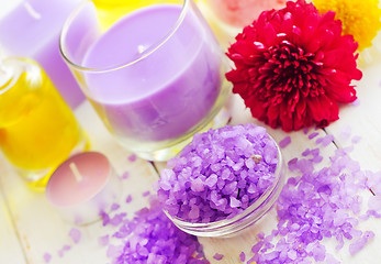 Image showing Violet sea salt for spa and candle