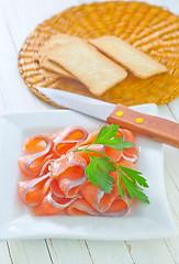 Image showing salmon and toasts