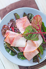 Image showing smoked bacon with mangold on plate