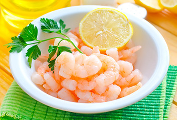 Image showing boiled shrimps in the white bowl on the table