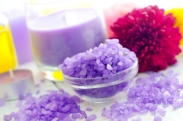 Image showing Violet sea salt for spa and candle