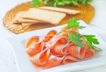 Image showing salmon and toasts