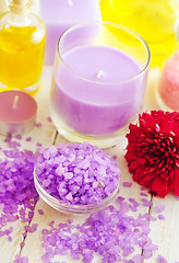 Image showing Violet sea salt for spa and candle