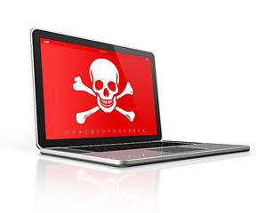 Image showing Laptop with a pirate symbol on screen. Hacking concept