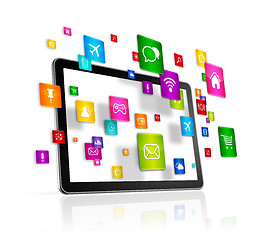 Image showing Tablet PC and flying apps icons