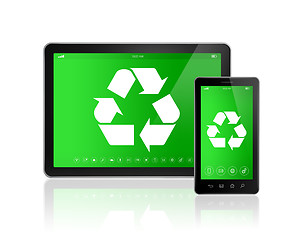 Image showing Digital tablet PC with a recycling symbol on screen. environment