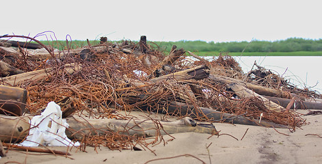 Image showing Arctic lagoon is heavily infested with steel wire and logs