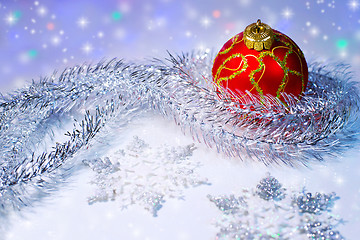 Image showing Christmas ball, tinsel and snowflakes.Christmas decorations.