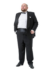 Image showing Jolly Fat Man in Tuxedo and Bow tie Shows Emotions