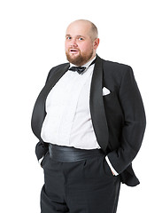 Image showing Jolly Fat Man in Tuxedo and Bow tie Shows Emotions