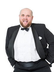 Image showing Jolly Fat Man in Tuxedo and Bow tie Shows Emotions