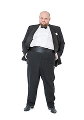 Image showing Jolly Fat Man in Tuxedo and Bow tie Shows Emotions