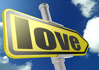 Image showing Yellow road sign with love word under blue sky
