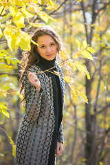 Image showing Cute young girl holding a twig with yellow leaves against the backdrop of autumn yellow forest