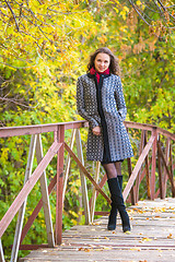 Image showing Young girl leaned against the fence of the old bridge in the autumn forest