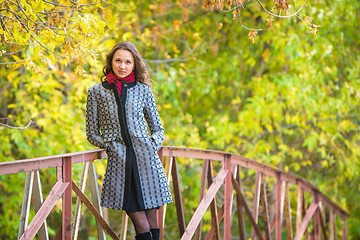 Image showing Cute young girl leaned on the railing of the bridge against the backdrop of autumn leaves yellow