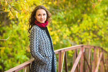 Image showing Half-length portrait of a beautiful young girl standing on the bridge against the backdrop of autumn leaves yellow