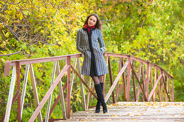 Image showing A young girl stands on the bridge of a warm autumn day