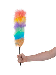 Image showing Soft colorful duster with plastic handle