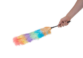 Image showing Soft colorful duster with plastic handle