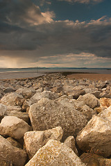 Image showing Breakwater on the beach in Morecambe