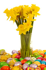 Image showing Daffodils and easter eggs