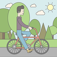 Image showing Asian man riding bicycle in park.