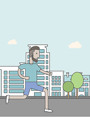 Image showing Caucasian hipster man with beard jogging on street