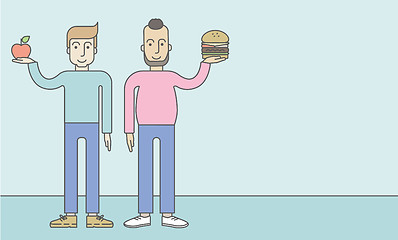 Image showing Men standing with hamburger and apple.