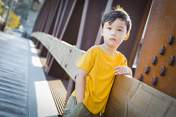 Image showing Mixed Race Boy Leaning on Bridge Outdoors