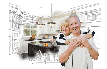 Image showing Senior Couple Over Kitchen Design Drawing and Photo on White